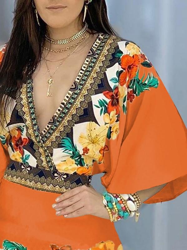 Fashion Printed Deep V Flared Sleeve Jumpsuit - LuckyFash™