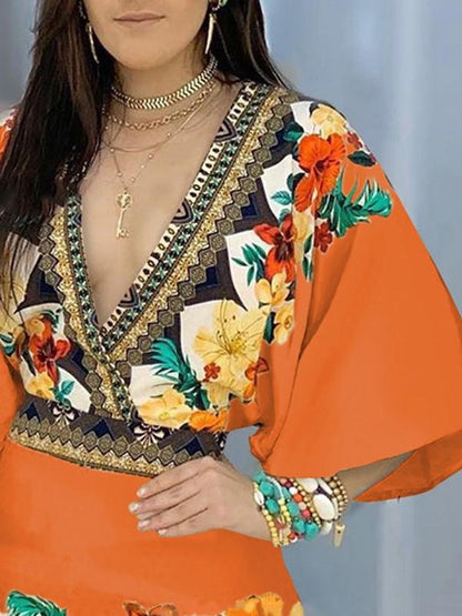 Fashion Printed Deep V Flared Sleeve Jumpsuit - LuckyFash™