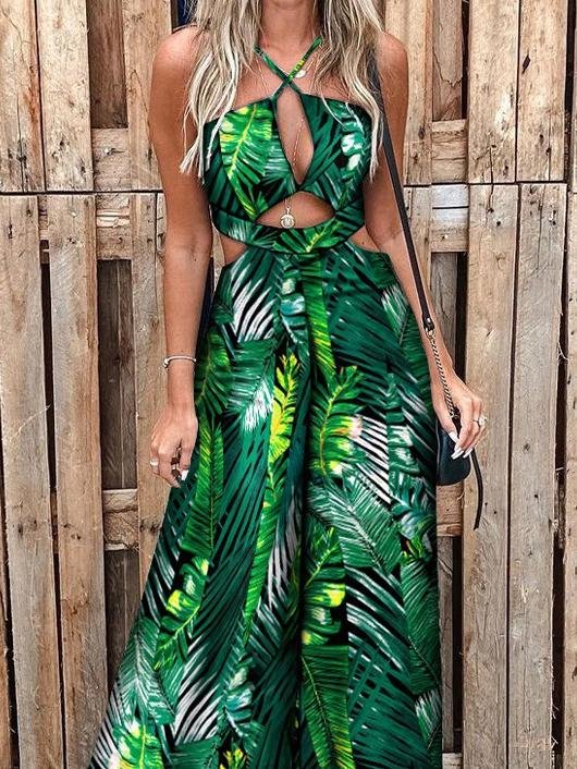 Fashion Printed Hollow Halter Wide-leg Jumpsuit - LuckyFash™