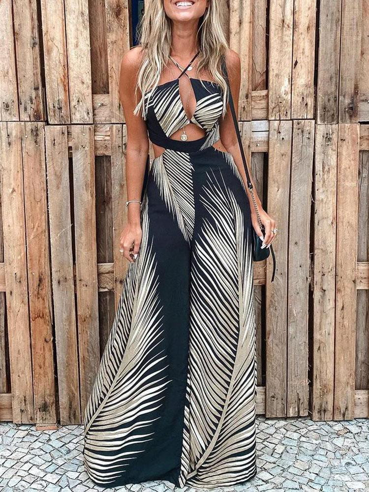 Fashion Printed Hollow Halter Wide-leg Jumpsuit - LuckyFash™