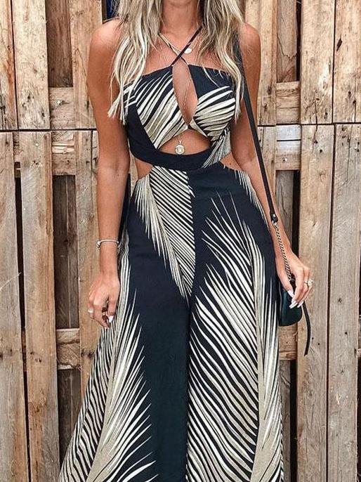 Fashion Printed Hollow Halter Wide-leg Jumpsuit - LuckyFash™