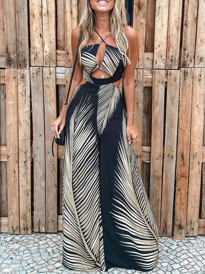Fashion Printed Hollow Halter Wide-leg Jumpsuit - LuckyFash™