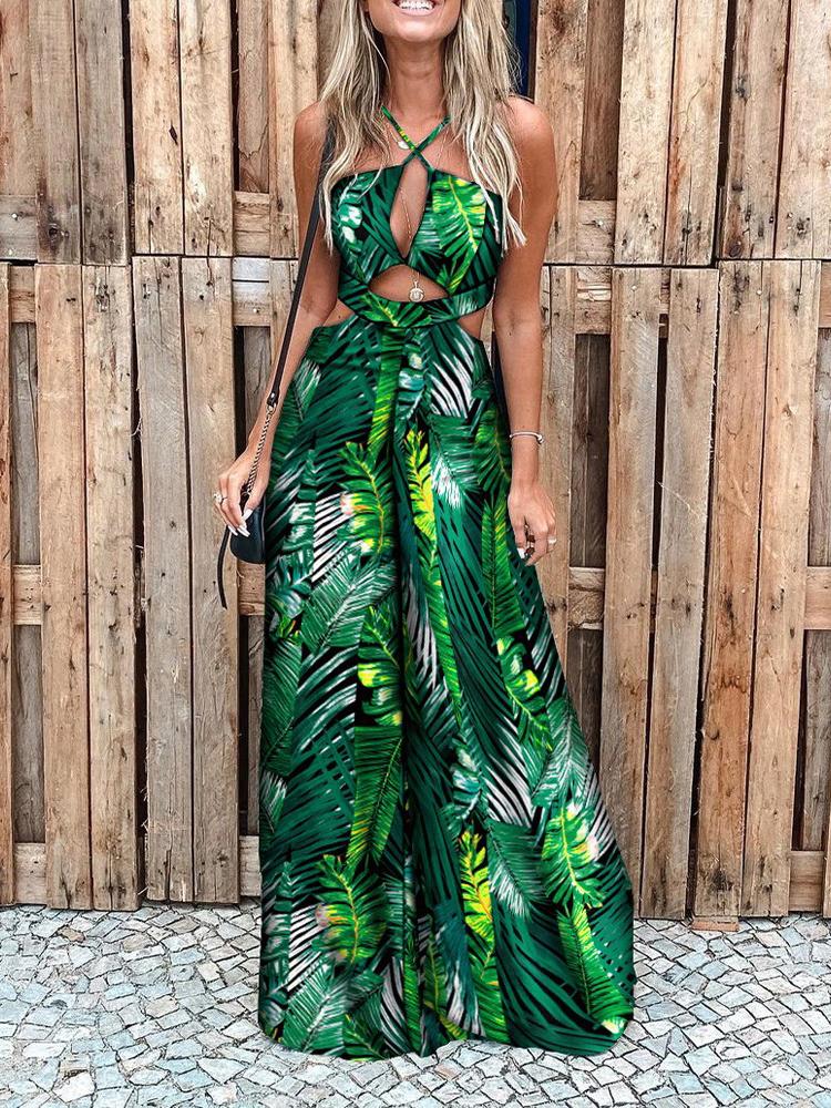 Fashion Printed Hollow Halter Wide-leg Jumpsuit - LuckyFash™
