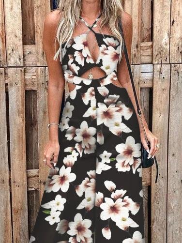 Fashion Printed Hollow Halter Wide-leg Jumpsuit - LuckyFash™