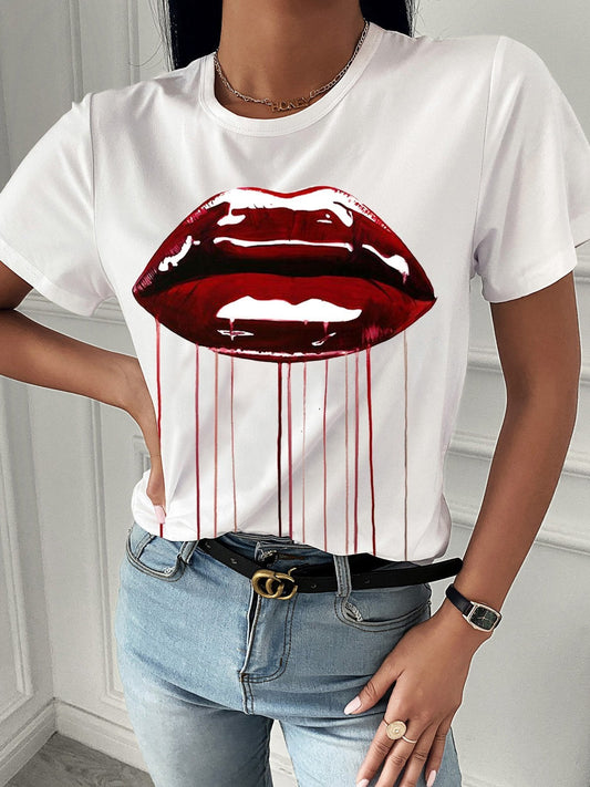 Fashion Red Lip Print Short Sleeve T-shirt - LuckyFash™