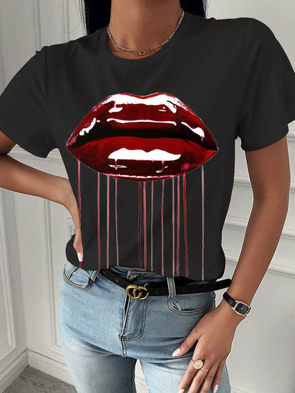 Fashion Red Lip Print Short Sleeve T-shirt - LuckyFash™