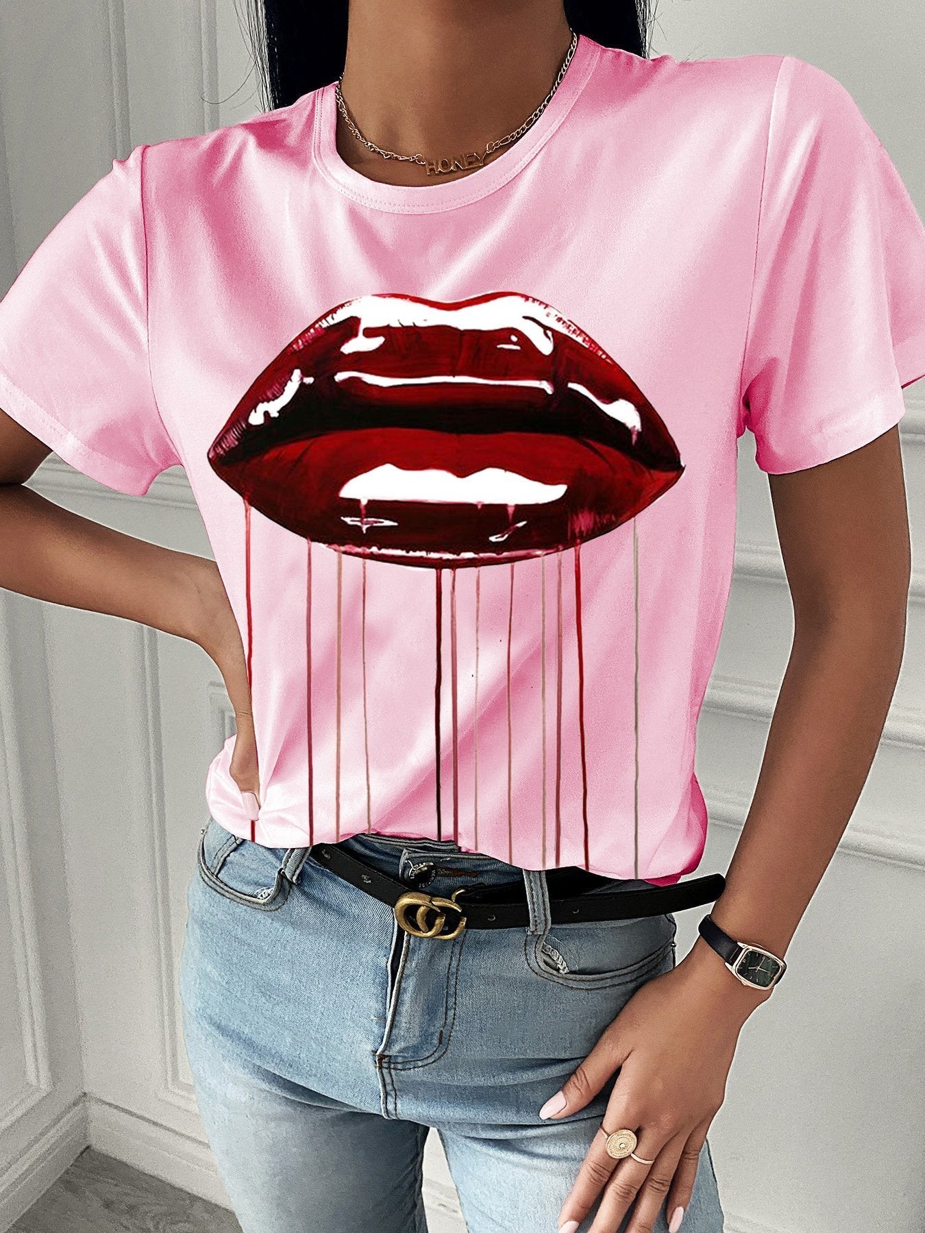 Fashion Red Lip Print Short Sleeve T-shirt - LuckyFash™