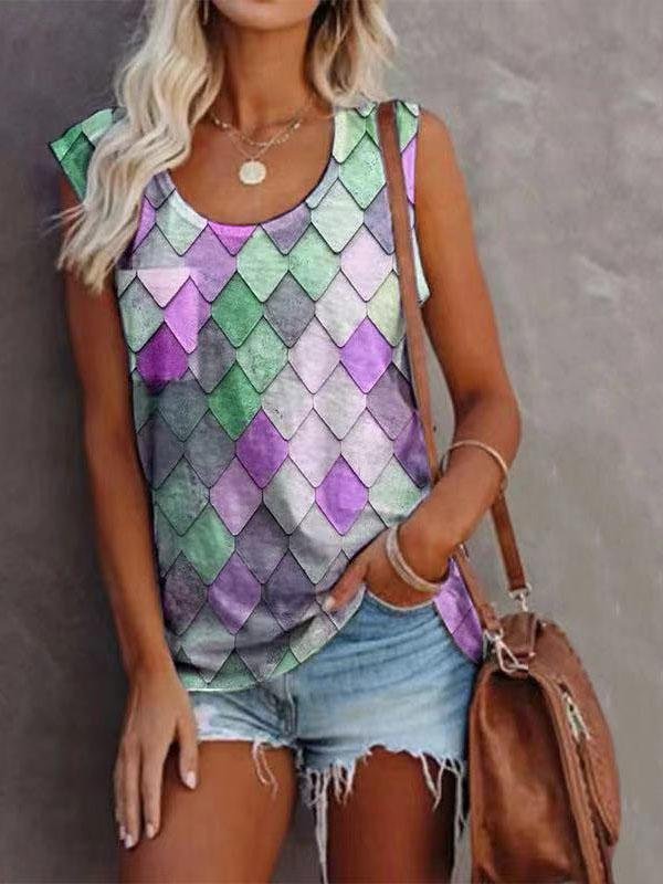 Fashion Rhombus Print Round Neck Sleeveless Top - LuckyFash™