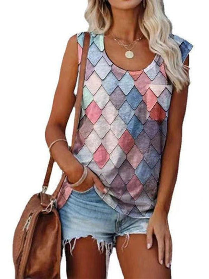 Fashion Rhombus Print Round Neck Sleeveless Top - LuckyFash™
