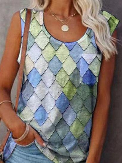 Fashion Rhombus Print Round Neck Sleeveless Top - LuckyFash™