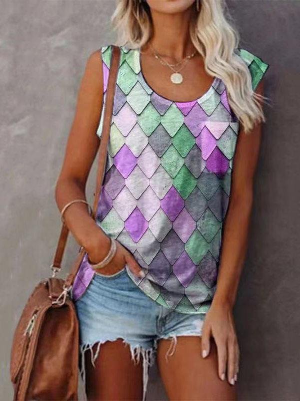 Fashion Rhombus Print Round Neck Sleeveless Top - LuckyFash™