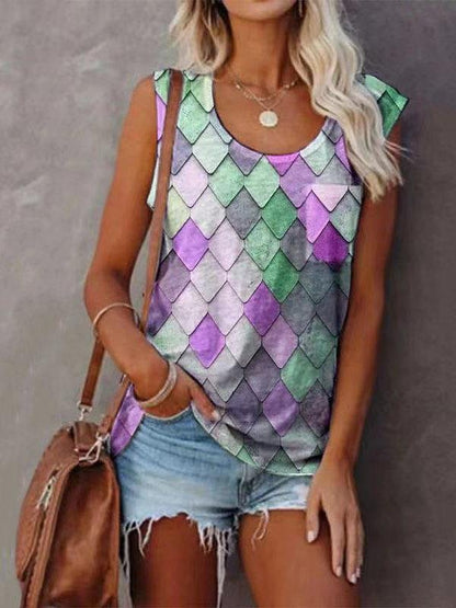 Fashion Rhombus Print Round Neck Sleeveless Top - LuckyFash™