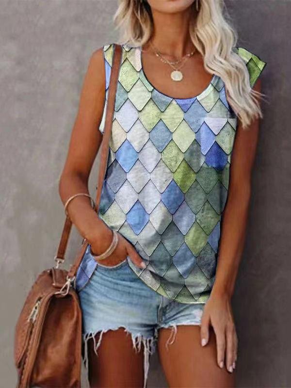 Fashion Rhombus Print Round Neck Sleeveless Top - LuckyFash™