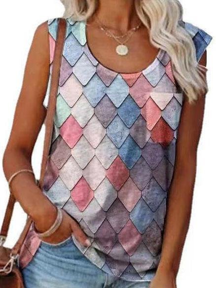 Fashion Rhombus Print Round Neck Sleeveless Top - LuckyFash™