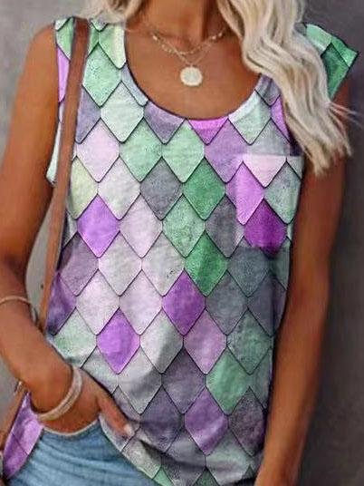 Fashion Rhombus Print Round Neck Sleeveless Top - LuckyFash™