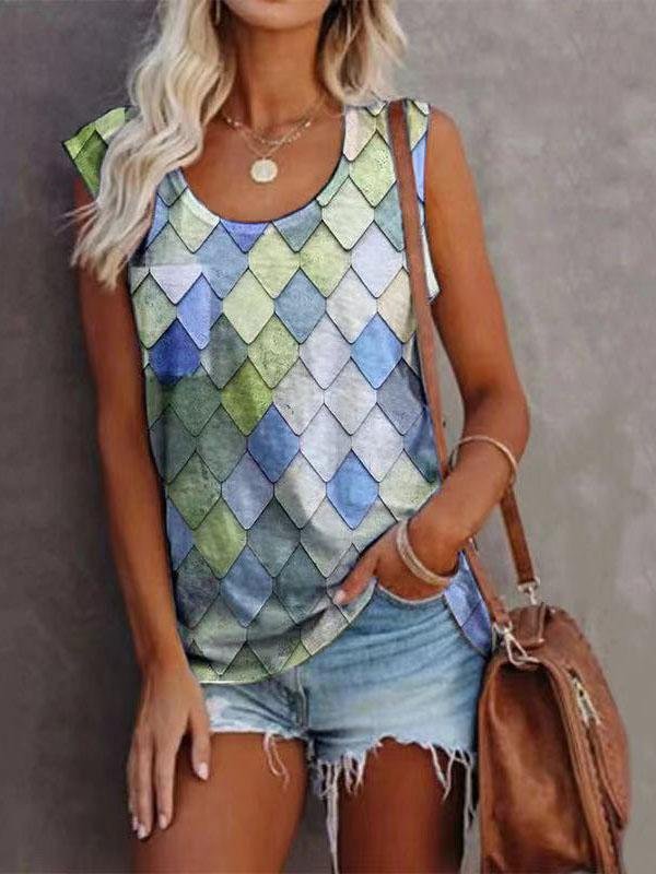 Fashion Rhombus Print Round Neck Sleeveless Top - LuckyFash™
