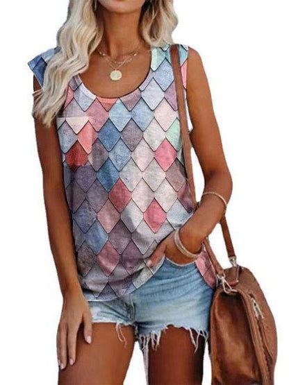 Fashion Rhombus Print Round Neck Sleeveless Top - LuckyFash™