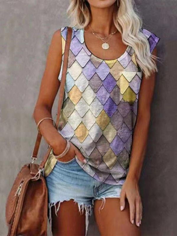 Fashion Rhombus Print Round Neck Sleeveless Top - LuckyFash™