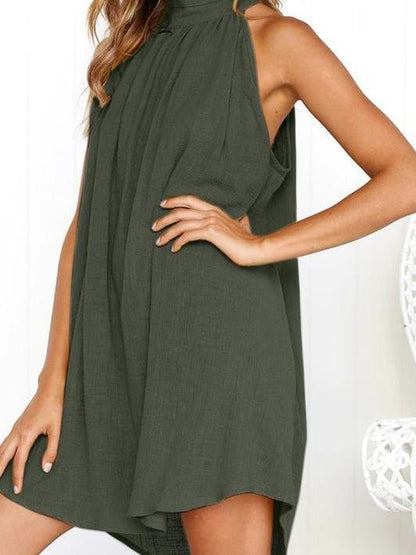 Fashion Round Neck Pleated Sleeveless Mini Dress - LuckyFash™