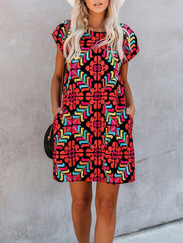 Fashion Short Sleeve Round Neck Printed Holiday Dress - LuckyFash™