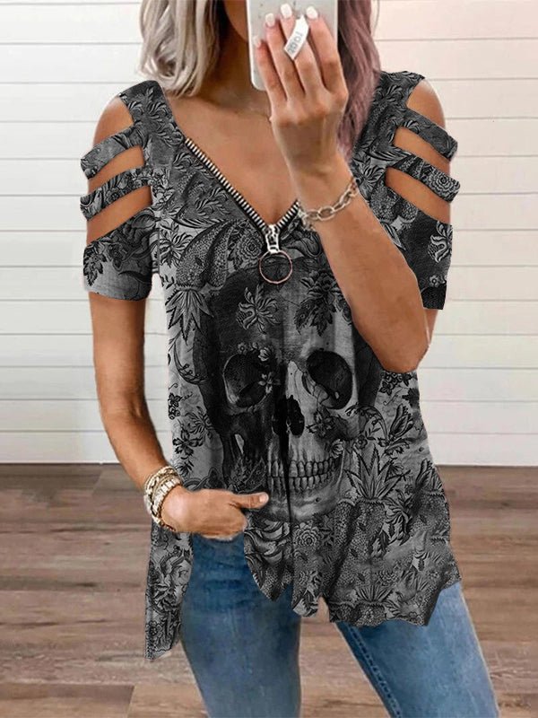 Fashion Skull Print V Neck Short Sleeve T-shirts - LuckyFash™