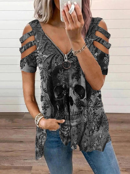 Fashion Skull Print V Neck Short Sleeve T-shirts - LuckyFash™