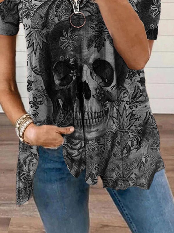 Fashion Skull Print V Neck Short Sleeve T-shirts - LuckyFash™