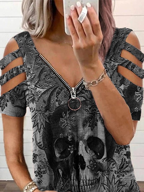 Fashion Skull Print V Neck Short Sleeve T-shirts - LuckyFash™