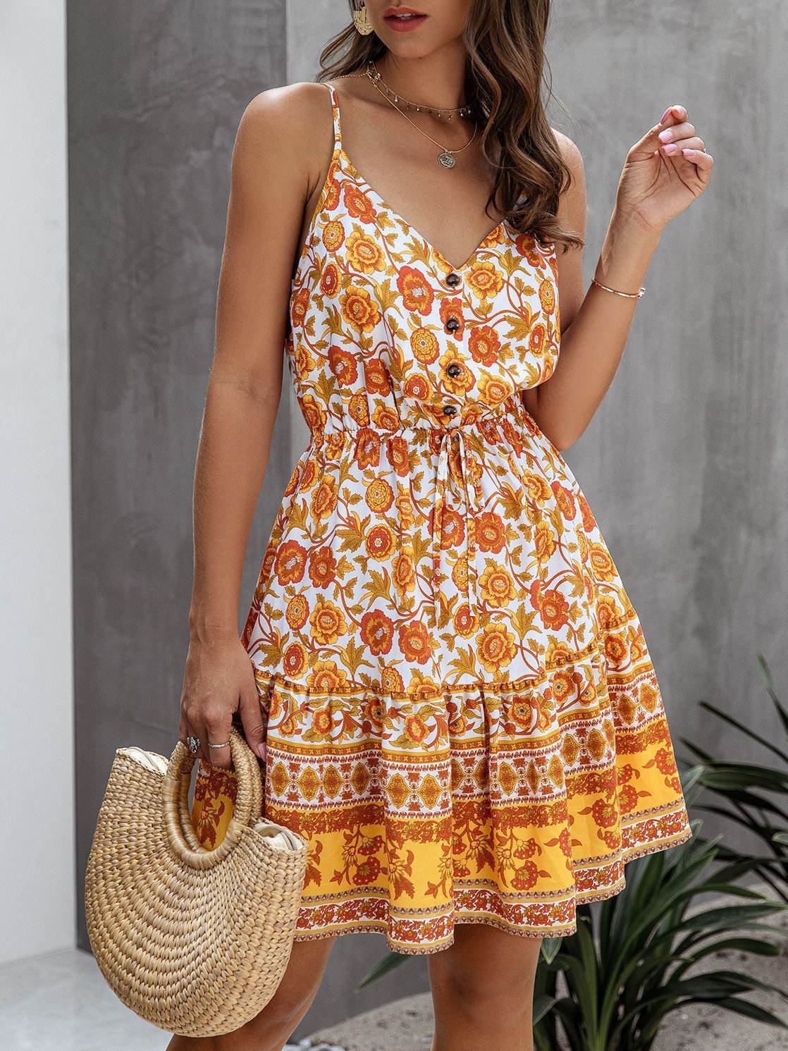 Fashion Sling Print V-neck Button Dress - LuckyFash™