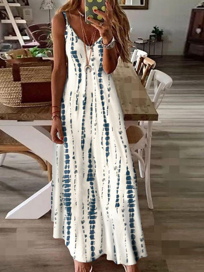 Fashion Sling Printed V Neck Sleeveless A-line Maxi Dress - LuckyFash™