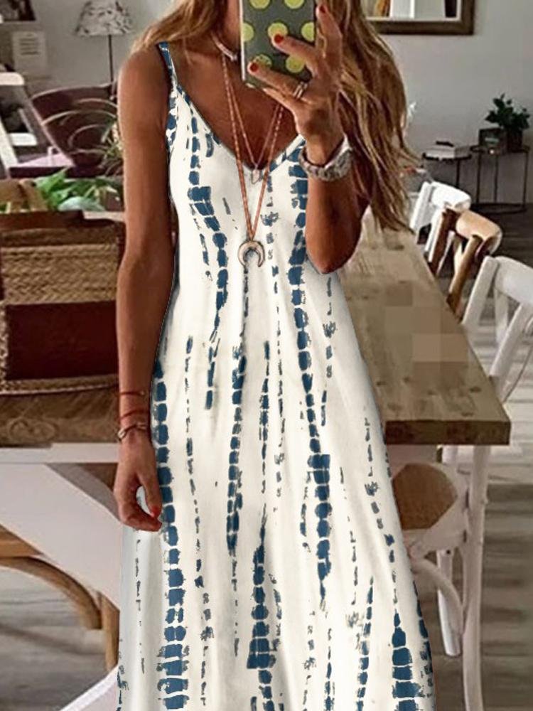 Fashion Sling Printed V Neck Sleeveless A-line Maxi Dress - LuckyFash™