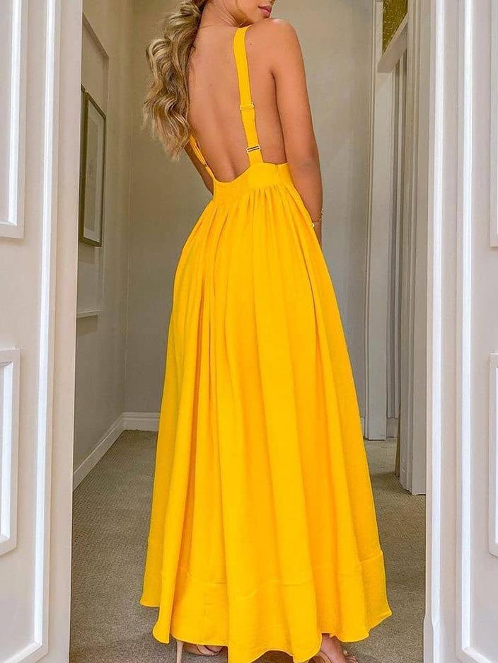Fashion Solid Color Deep V Neck Backless Maxi Dress - LuckyFash™