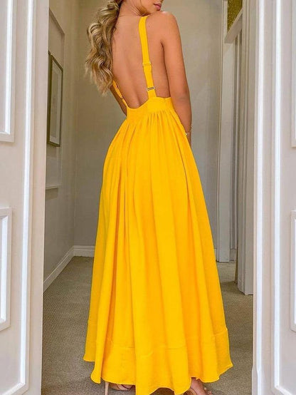 Fashion Solid Color Deep V Neck Backless Maxi Dress - LuckyFash™