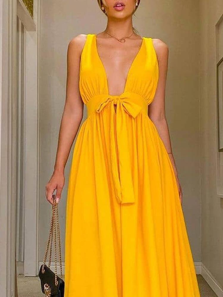 Fashion Solid Color Deep V Neck Backless Maxi Dress - LuckyFash™