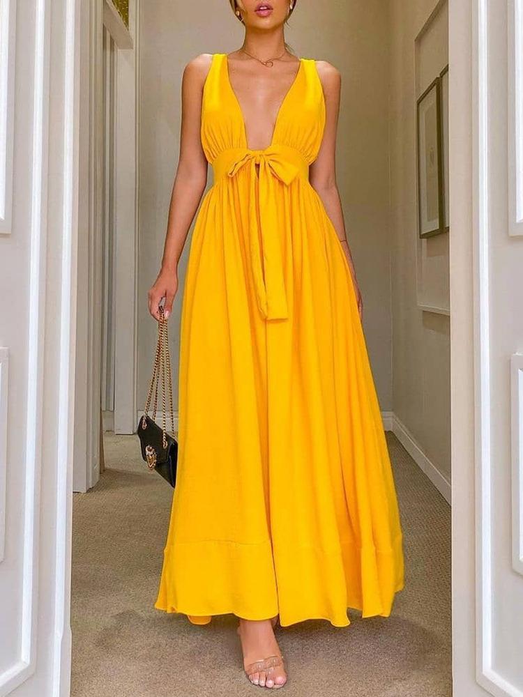 Fashion Solid Color Deep V Neck Backless Maxi Dress - LuckyFash™