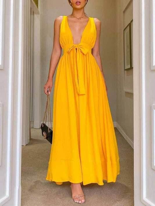 Fashion Solid Color Deep V Neck Backless Maxi Dress - LuckyFash™