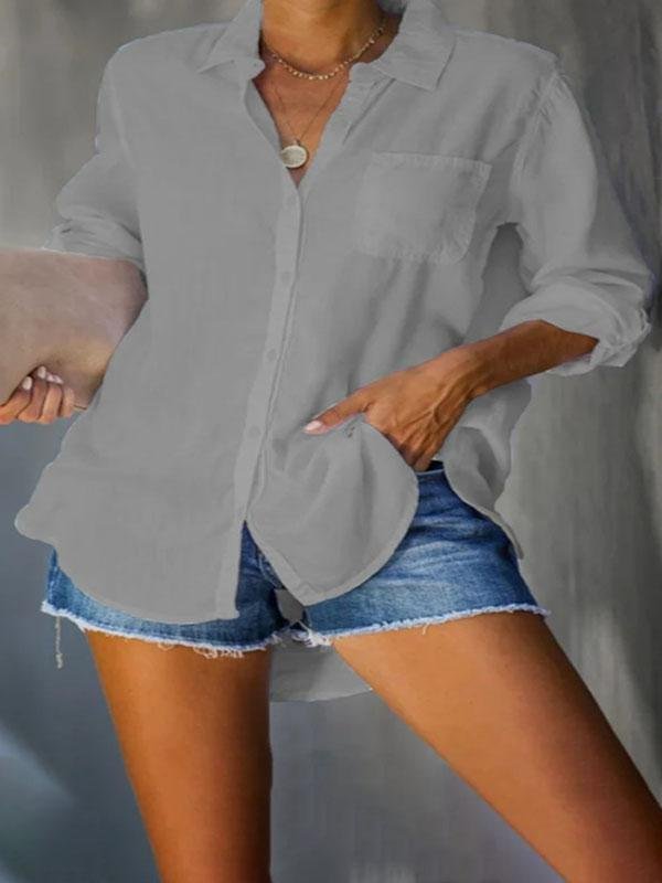 Fashion Solid Color Lapel V Neck Long Sleeve Blouses - LuckyFash™