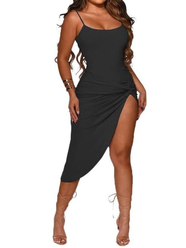 Fashion Solid Color Sling High-split Hem Midi Dress - LuckyFash™