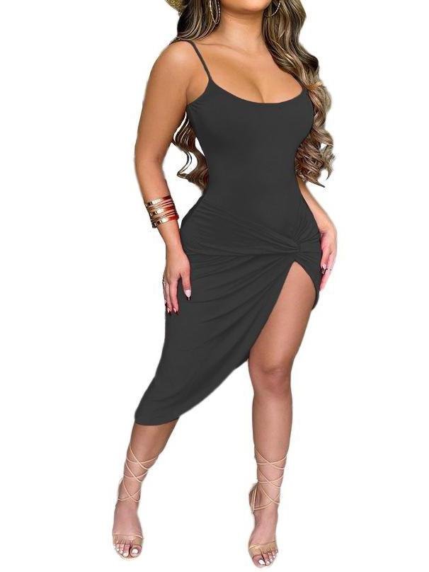 Fashion Solid Color Sling High-split Hem Midi Dress - LuckyFash™