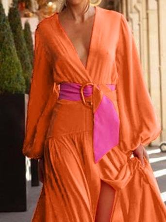 Fashion Solid Color V-neck Long-sleeved Dress - LuckyFash™