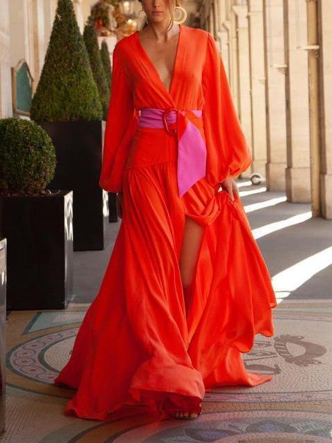 Fashion Solid Color V-neck Long-sleeved Dress - LuckyFash™