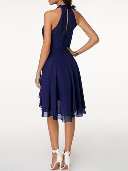 Fashion Solid Halter Sleeveless Double Layer Chiffon Dress - LuckyFash™