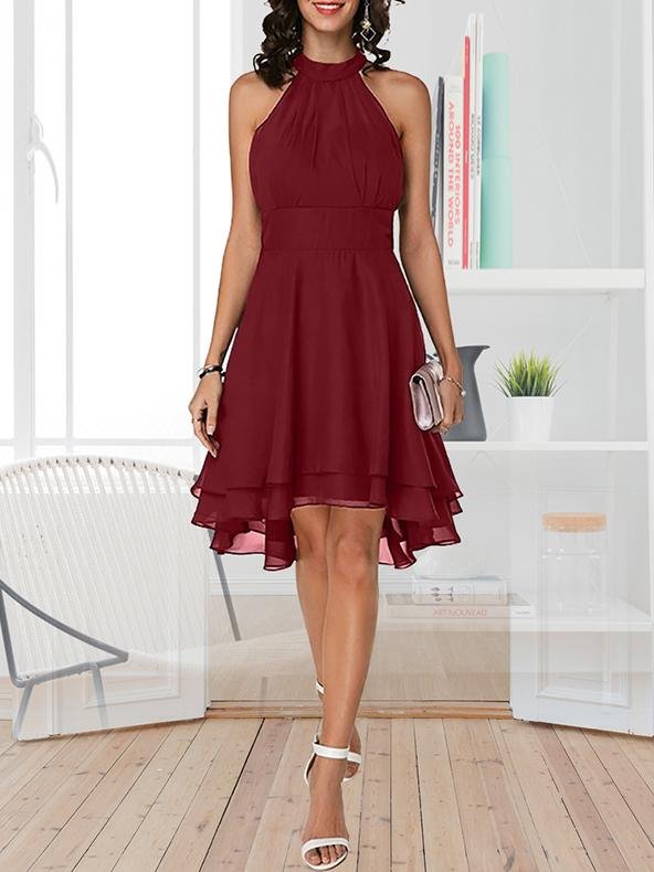Fashion Solid Halter Sleeveless Double Layer Chiffon Dress - LuckyFash™