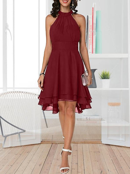 Fashion Solid Halter Sleeveless Double Layer Chiffon Dress - LuckyFash™