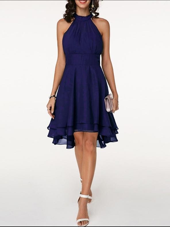 Fashion Solid Halter Sleeveless Double Layer Chiffon Dress - LuckyFash™
