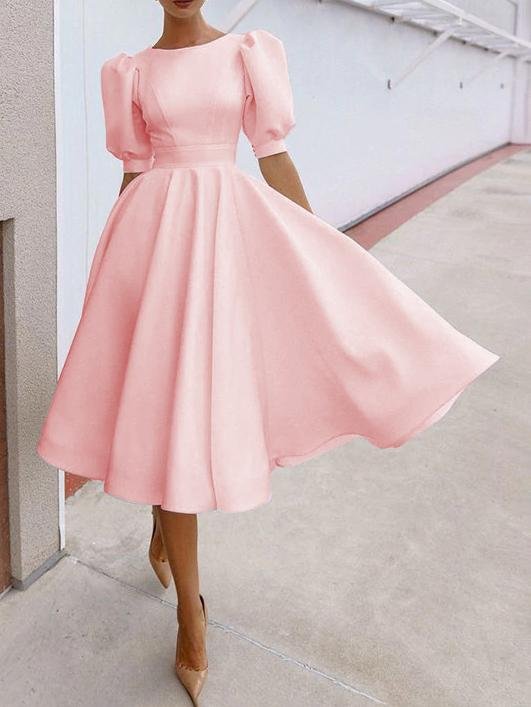 Fashion Solid Puff Mid Sleeve Big Swing Midi Dresses - LuckyFash™