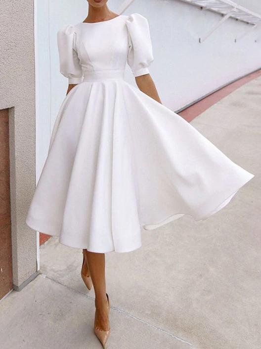 Fashion Solid Puff Mid Sleeve Big Swing Midi Dresses - LuckyFash™
