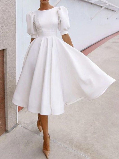 Fashion Solid Puff Mid Sleeve Big Swing Midi Dresses - LuckyFash™