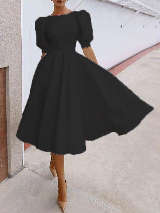 Fashion Solid Puff Mid Sleeve Big Swing Midi Dresses - LuckyFash™