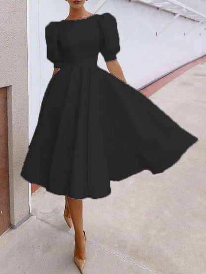 Fashion Solid Puff Mid Sleeve Big Swing Midi Dresses - LuckyFash™